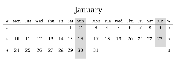 The \year=2000 TeX calendar: calendarium